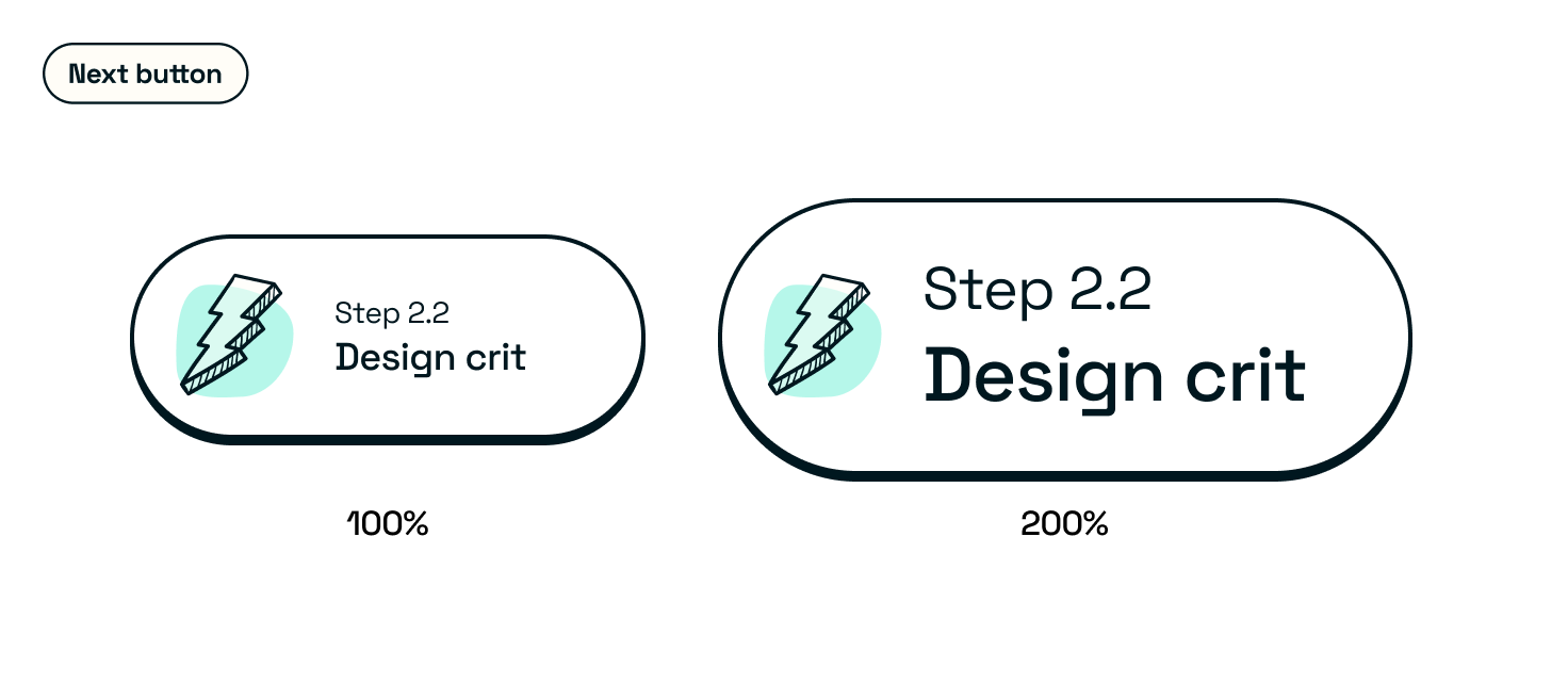 Next button in 100% text size and 200% text size