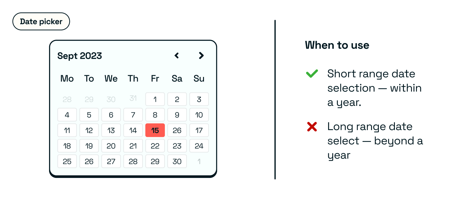 Date picker with guidance on when to use — Use for short range date selection — within a year. Don't use for long range date selection — beyond a year